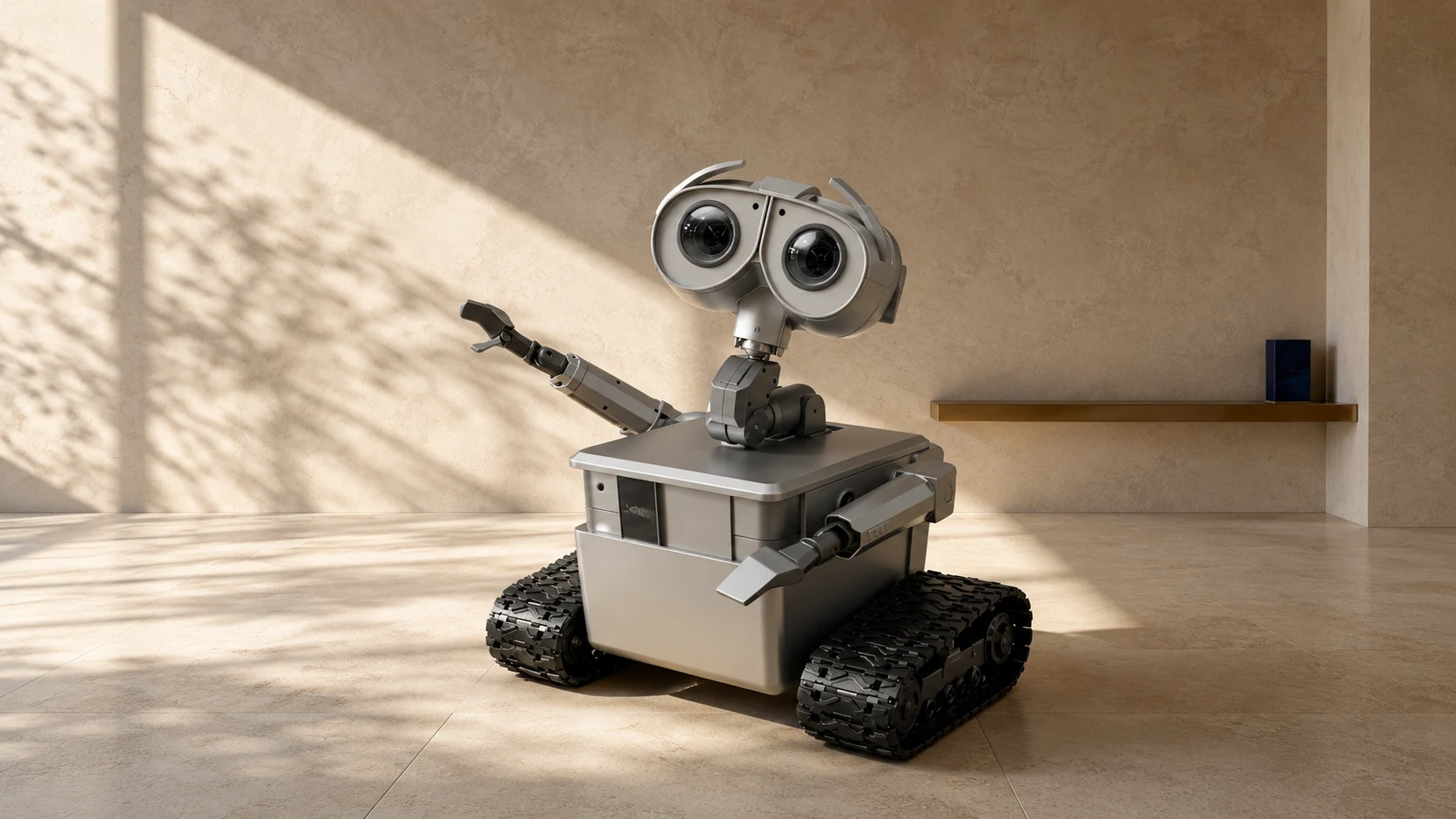 A compact tracked service robot with articulated arms in a sunlit product gallery